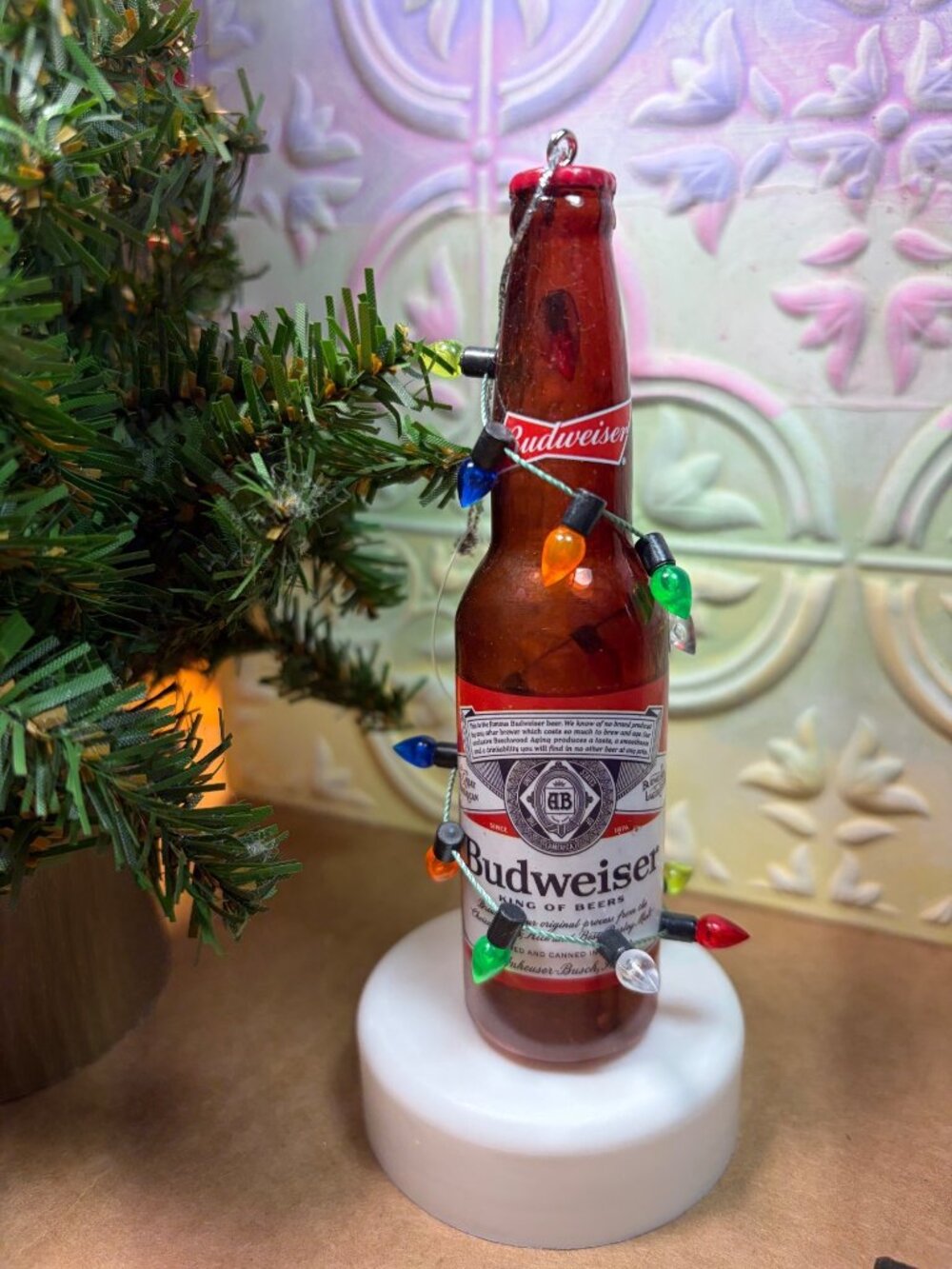 Faux Budweiser Beer Bottle Ornament With Colorful String Lights Sd